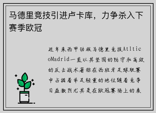 马德里竞技引进卢卡库，力争杀入下赛季欧冠