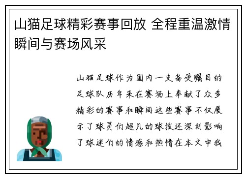 山猫足球精彩赛事回放 全程重温激情瞬间与赛场风采